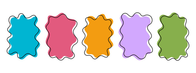 Cute organic wavy shapes. Irregular assymetric blotches. Abstract psychedelic doodle forms. Speech bubbles, tags, boxes or labels templates isolated on white background. Vector flat illustration.