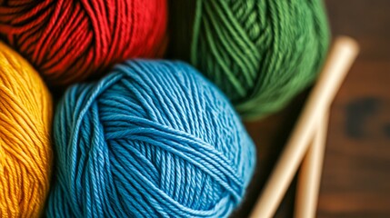 Colorful yarn balls and knitting needles arranged on a wooden table for crafting and creativity