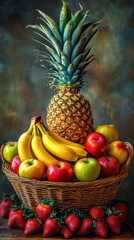 A decorative basket of various fresh colorful fruits