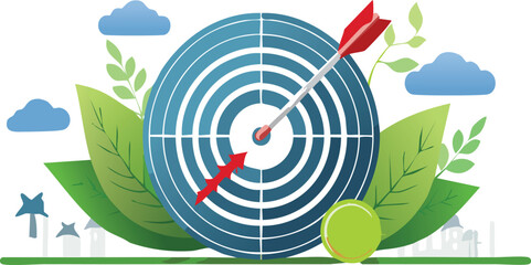 Dart hitting target. Carbon emission reduction target, Green economy and sustainability Net Zero future. Sustainable development, Energy goals. CO2 emission graph, Goals sustainable planet.