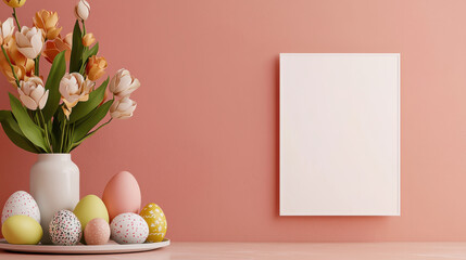 Easter decoration with flowers and colorful eggs on table