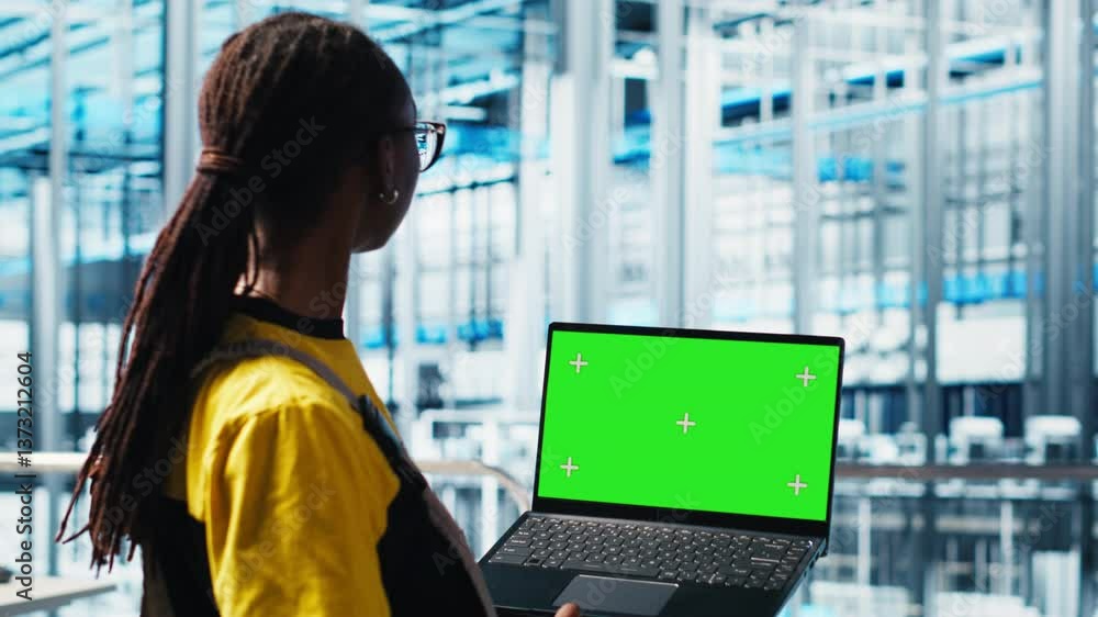 Poster worker using green screen laptop in smart factory, collecting and analyzing data. expert using track