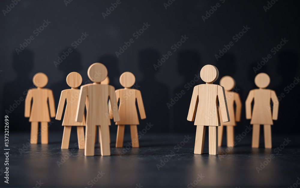 Poster wooden figurines depict a group of individuals, with one figure prominently standing out from the re