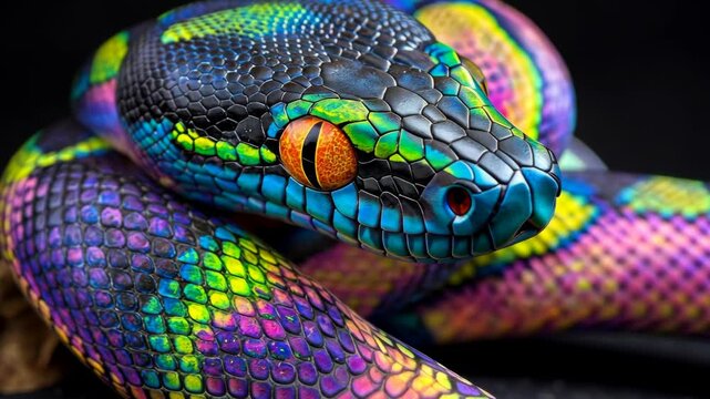 Colorful python with vibrant scales showcasing intricate details and textures in a close-up view