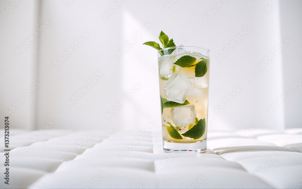 Poster a refreshing drink with ice and mint sprigs in a tall glass. the beverage is served on a textured wh