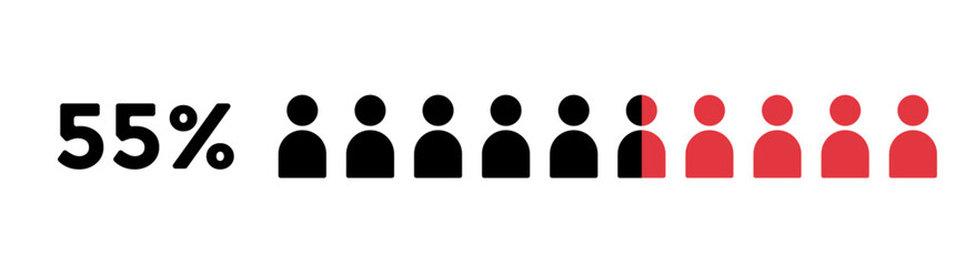55% infographic percent. People icon graphic vector, counting, avatar, half black and red man pictogram. Person business voting statistic concept