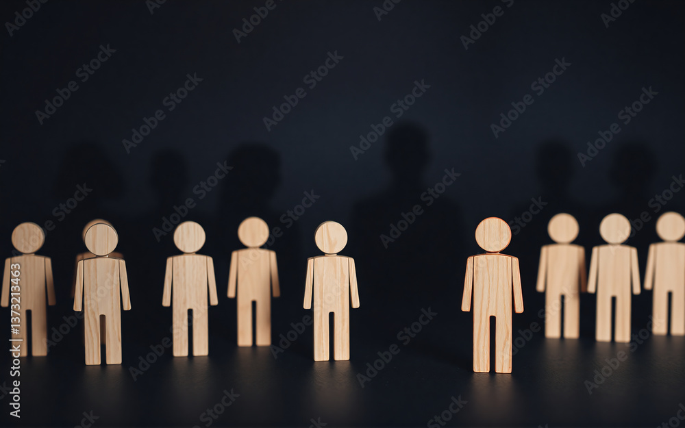 Poster wooden figures stand in a line, casting shadows on a dark surface, suggesting a group or crowd in a 