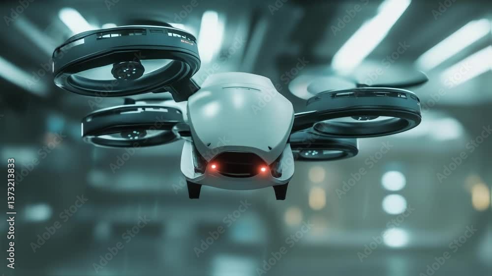 Poster advanced security drone with glowing red sensors patrols a space station, ensuring safety and monito