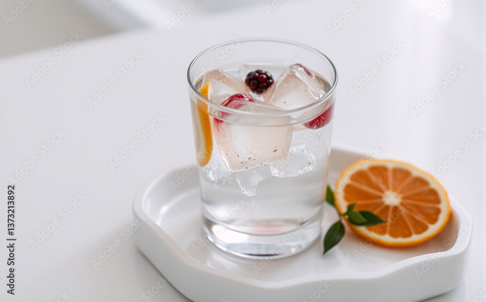 Poster a clear and refreshing drink with ice, berries, and citrus slices in a glass. it is placed on a whit