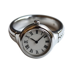 Elegant Silver Ring Watch with Tiny Round Dial Isolated on Transparent Background
