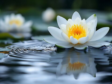 A beautiful white water lily floats peacefully on reflective water