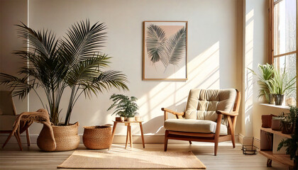 Fototapeta premium A Cozy Living Room with a Palm Tree and a Comfortable Chair, Generative AI