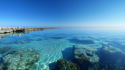 Scenic body of water framed by rocks in the background of a breathtaking natural landscape.