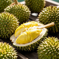 Fresh Durian Fruit with Creamy Yellow Flesh in a Natural
