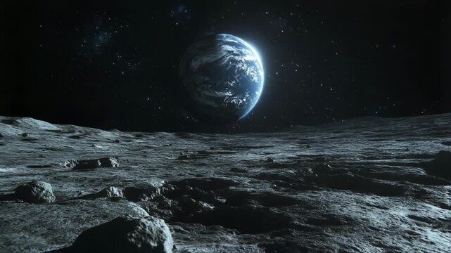 Majestic earth hangs in the inky black sky, a vibrant blue sphere against the stark, cratered landscape of the moon, inspiring awe and wonder