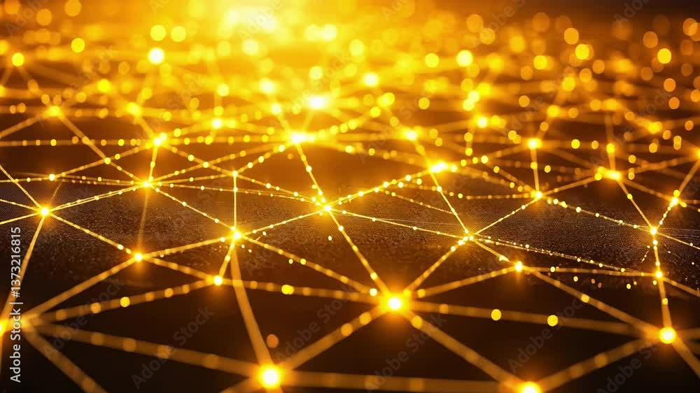 Poster Visual representation of interconnected nodes glowing with golden light in a digital network setting