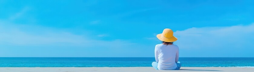 Beautiful woman sitting at beach and taking a break