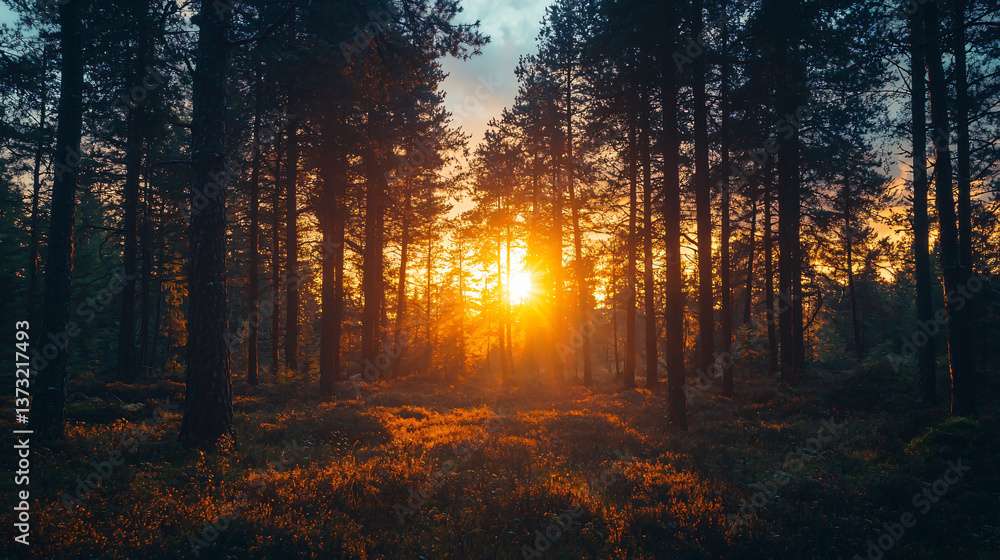 Aufkleber an enchanting forest scene with the sun setting in the distance creating a magical golden hour atmos