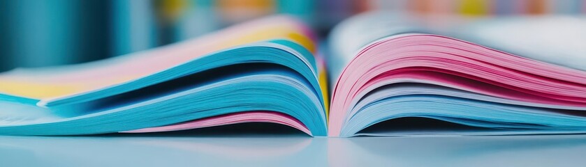 Bending stack of paper sheets, open magazine with copy space  Generative AI