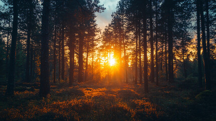 Obraz premium An enchanting forest scene with the sun setting in the distance creating a magical golden hour atmosphere filled with warm light.