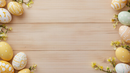 Bright decorative eggs on light wood with flowers for Easter celebration