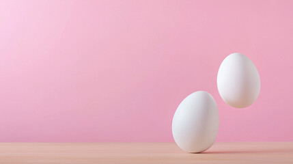 Fototapeta premium Fresh white eggs on pastel pink background, creating serene atmosphere