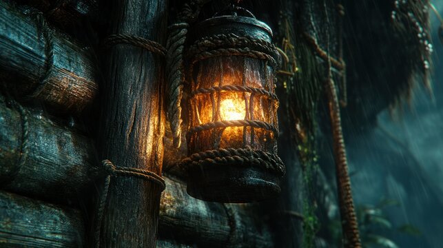 Wooden lantern, glowing warmly on a weathered wall, surrounded by jungle foliage and damp wood