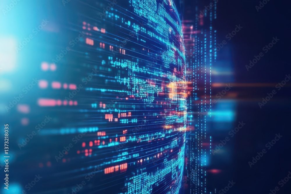 Poster Big data and cybersecurity 3D illustration Neural networks and artificial intelligence Information Waves and Global Database Abstract technological background