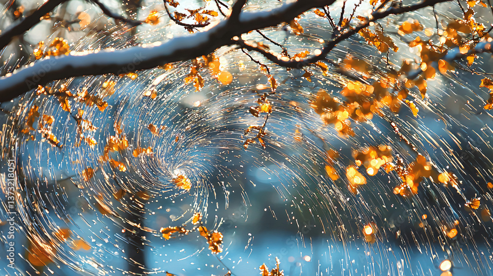 Poster intricate spider web glimmering in sunlight with tree branches framed against a clear sky and swirli