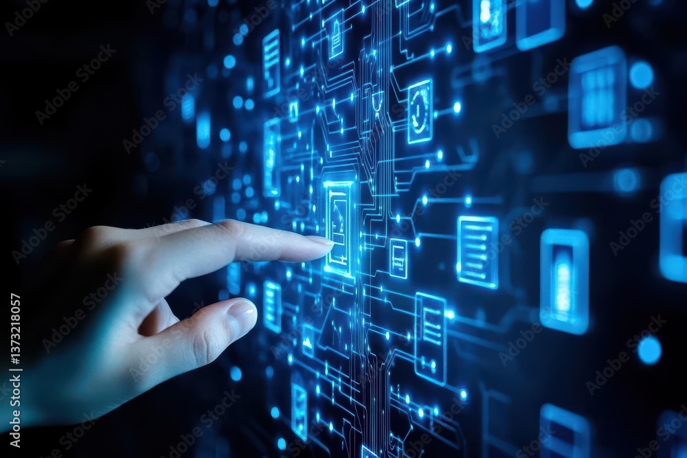 Poster Big data computing concept Digital neural network Hand touching introduction of artificial intelligence Global communication network Cyberspace of future Science and innovation of