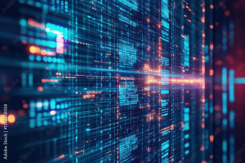 Aufkleber Big Data concept Blockchain 3D illustration Information Waves and the Global Database Neural networks and artificial intelligence Abstract technological background