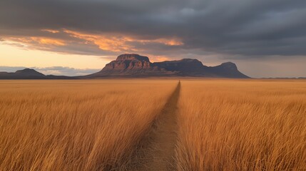 Obraz premium Stunning dusk view of golden wheat fields with mountains in Saudi Arabia's vast landscape