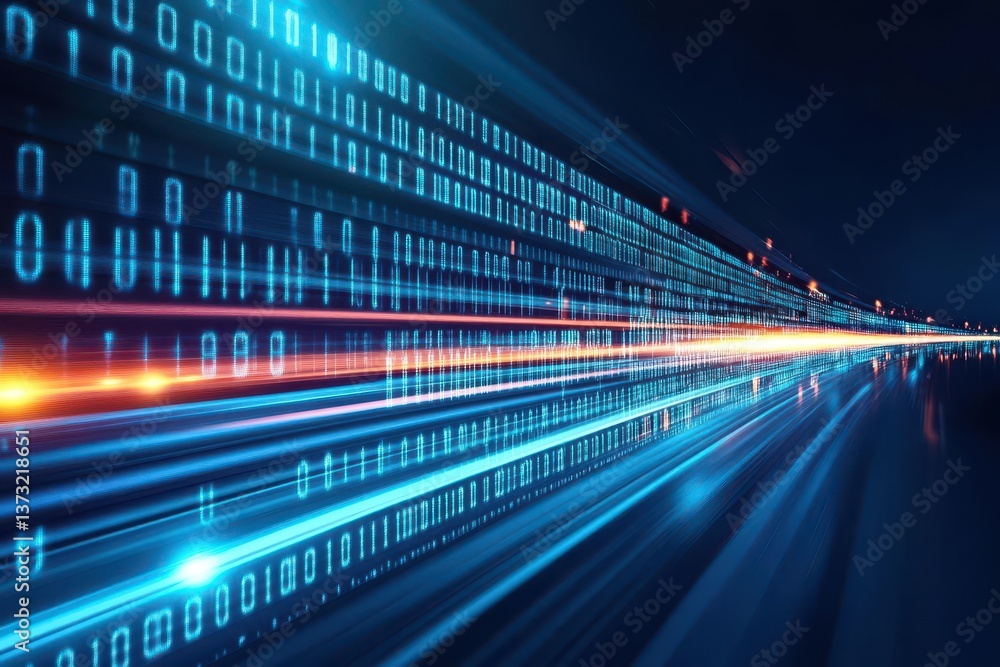 Poster binary code digital highway with light trails on dark blue background futuristic technology concept