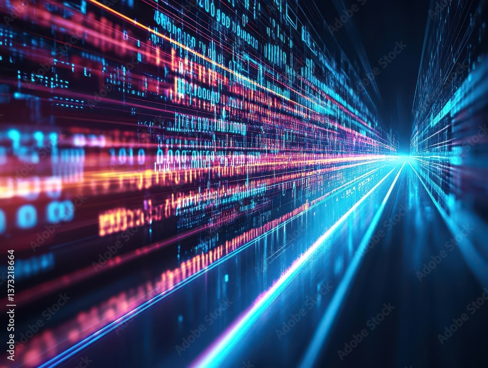 Aufkleber Binary data streams down a digital road, visualizing the concept of a datadriven pathway in a 3D illustration
