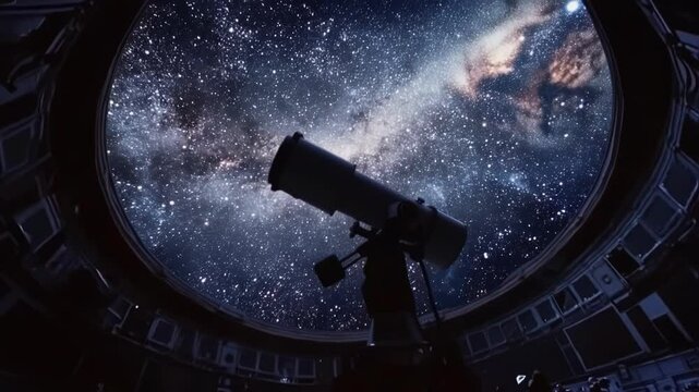 Advanced telescope exploring the universe, revealing the milky way's breathtaking nebulae and star clusters from a space station observatory window