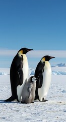 Fototapeta premium A penguin family stands proudly on a pristine Antarctic landscape under a vibrant blue sky, showcasing their resilience and the beauty of their icy home.
