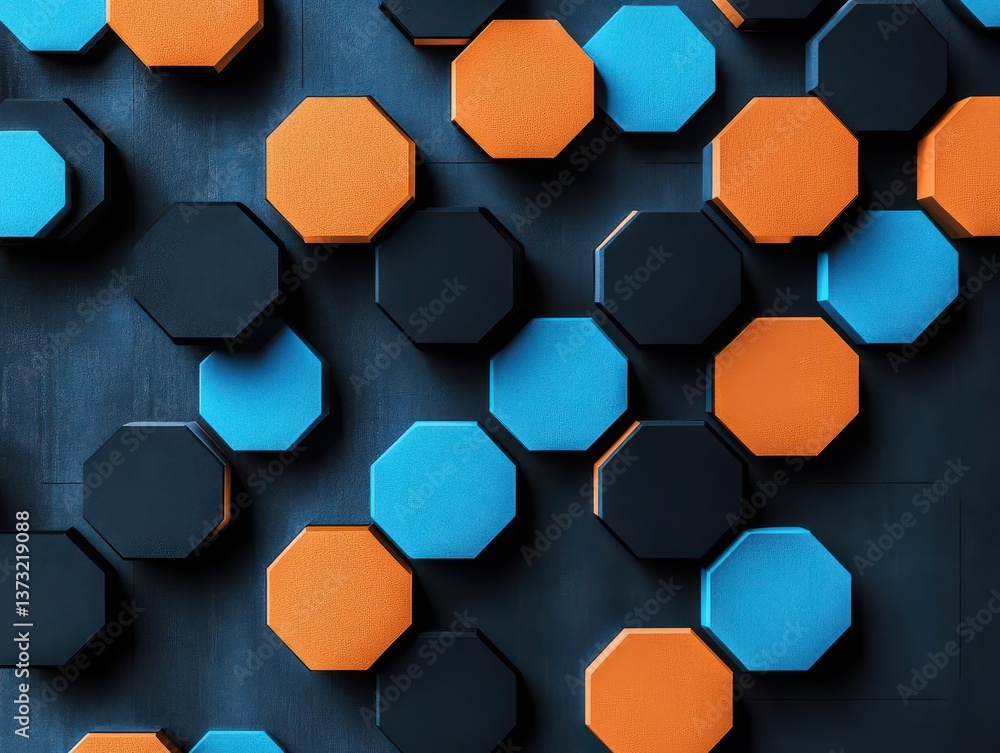 Poster Black blue and orange hexagons background pattern 3D rendering