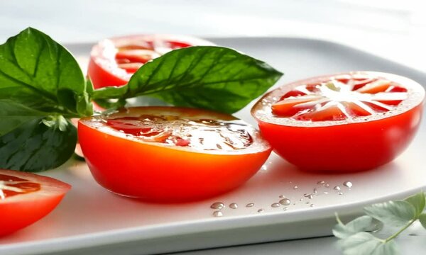 Raw sliced tomatoes and basil. Healthy vegetarian vegan organic food close up. Slider shot