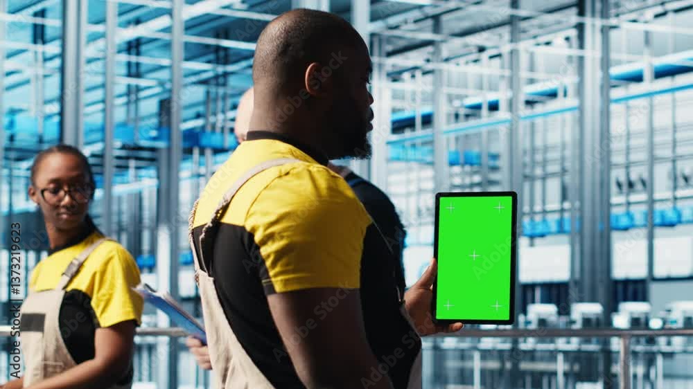 Poster worker using green screen laptop in smart factory, collecting and analyzing data. expert using track