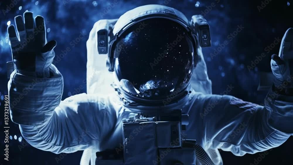 Poster astronaut wearing a spacesuit performs a series of hand gestures against a backdrop of stars and gal