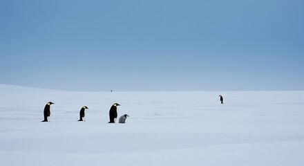 Emperor penguins stand majestically on a vast, icy Antarctic plain under a pale blue sky, a lone chick nestled near its parent.