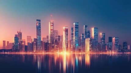 Fototapeta premium A Beautiful Cityscape Reflected in Calm Water During Twilight