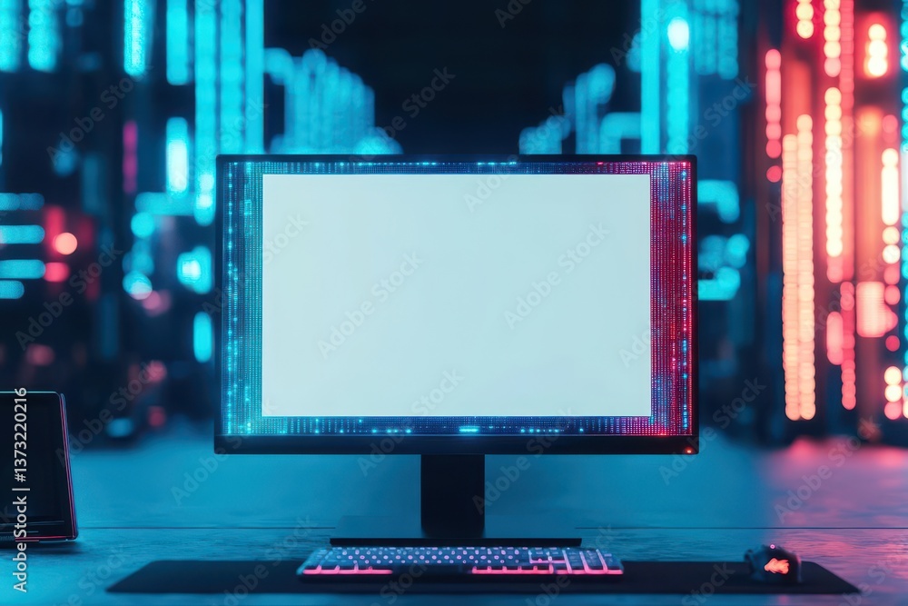Fototapete Blank computer monitor in a high tech gaming setup with colorful LED lights mock up background concept copy space