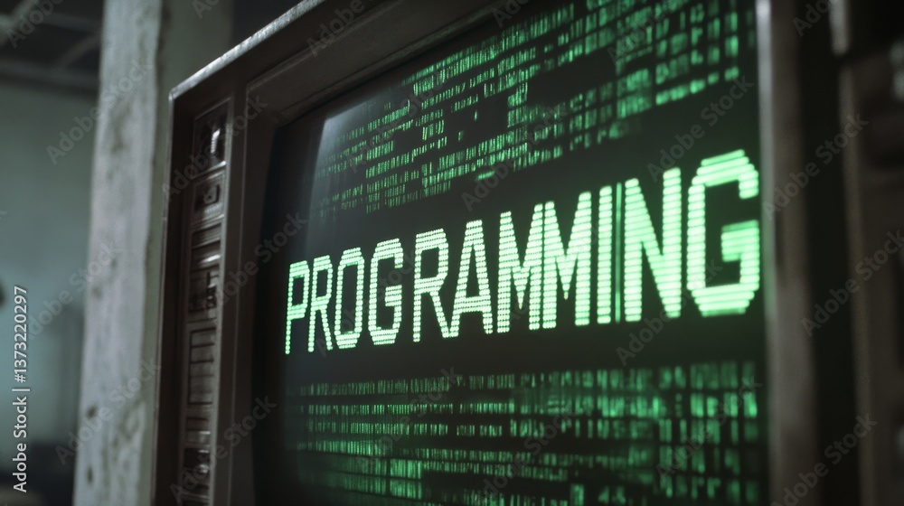 Poster Blue programming word text on monitor screen. Coding concept. Technology background