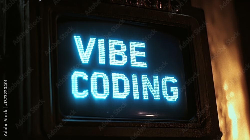 Poster Blue vibe coding words on monitor screen. Vibe coding concept. Technology background