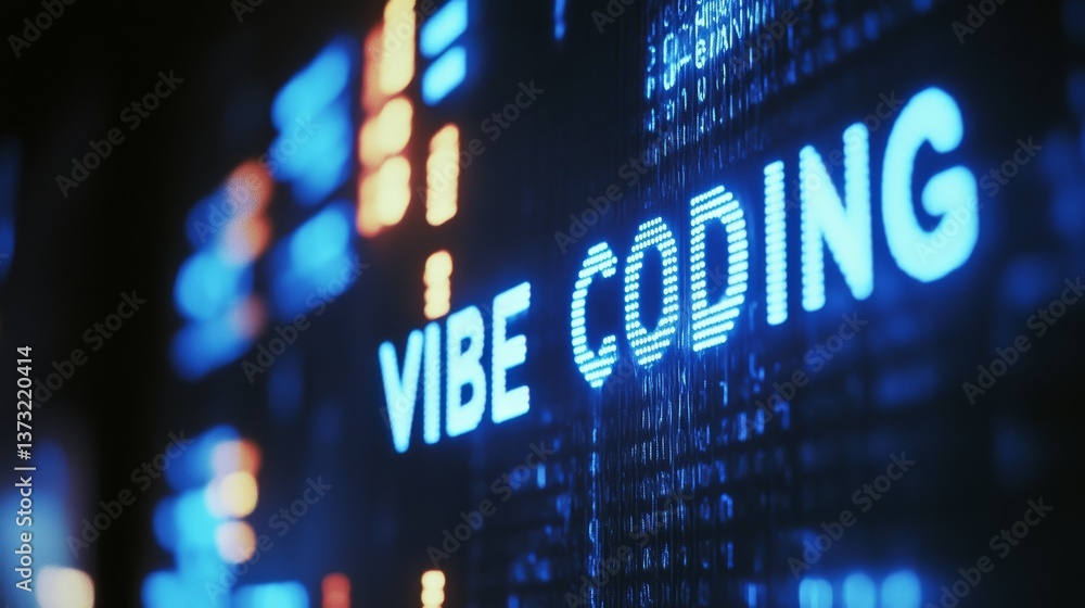 Fototapete Blue vibe coding words on monitor screen. Vibe coding concept. Technology background