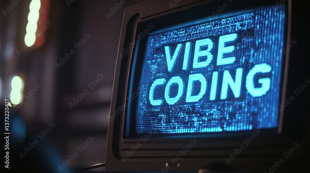 Fototapete blue vibe coding words on monitor screen. vibe coding concept. technology background