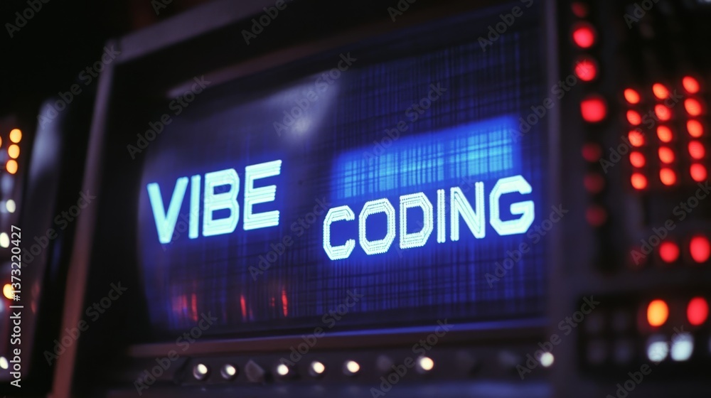 Poster blue vibe coding words on monitor screen. vibe coding concept. technology background