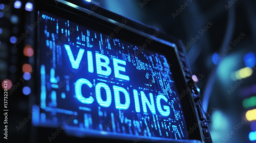 Poster Blue vibe coding words on monitor screen. Vibe coding concept. Technology background