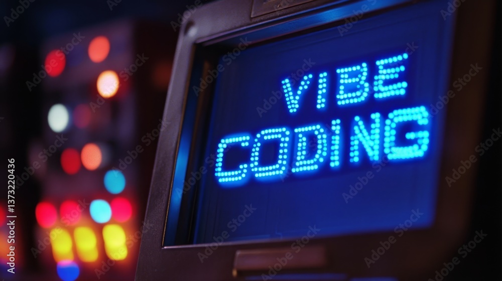 Poster blue vibe coding words on monitor screen. vibe coding concept. technology background